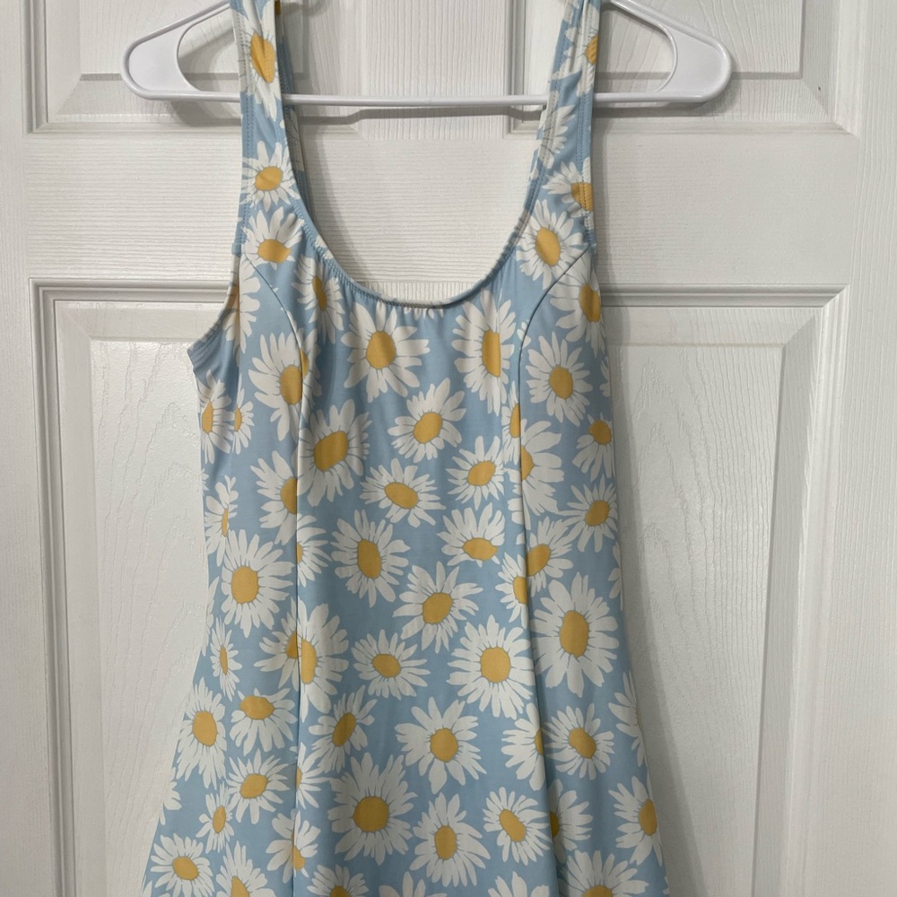 Blue Daisy Print Women Swim Suit with skirt.